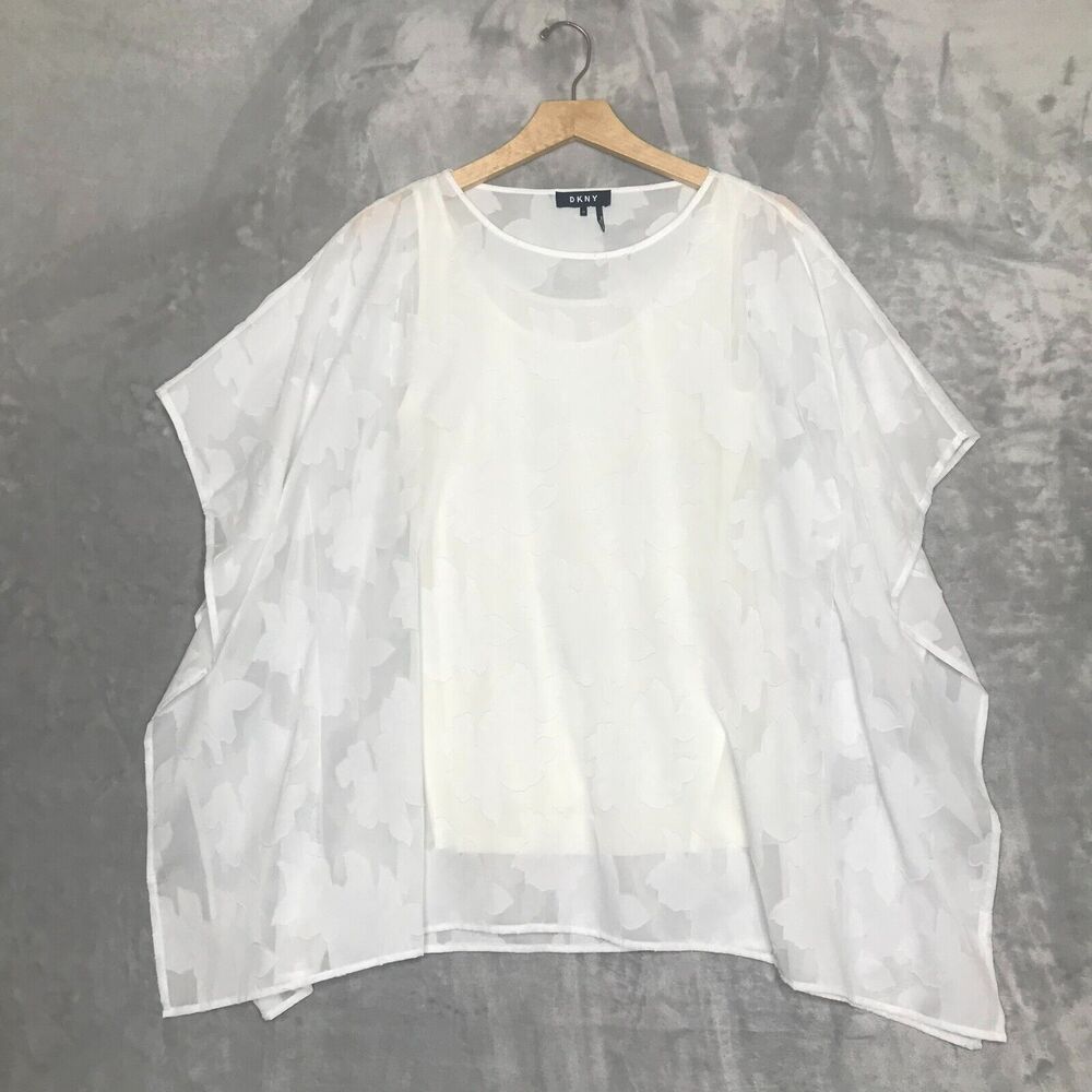 DKNY Top Womens XS White Floral Kimono Sleeve Round Neck Semi Sheer Tank Liner